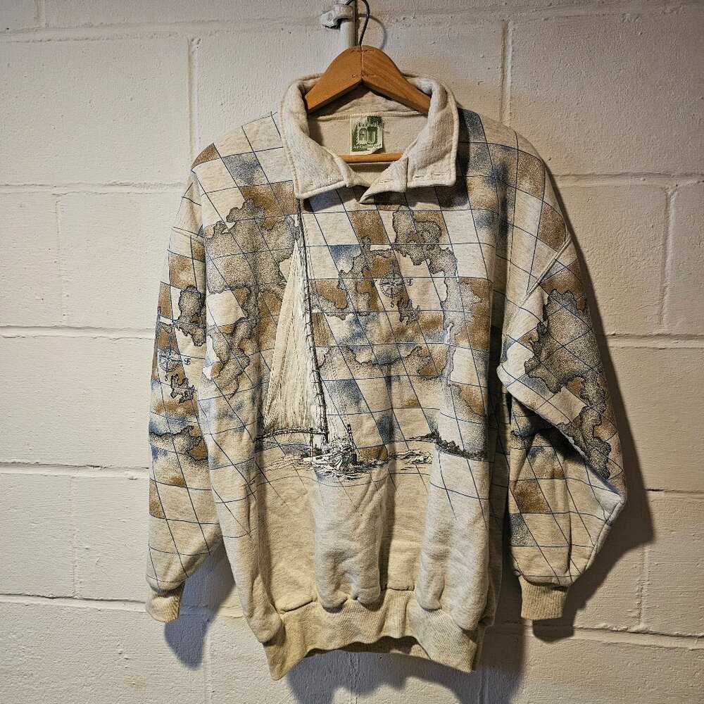 Vintage AOP Cottagecore Blokecore Dadcore Coastal Map Print Pullover Sweatshirt